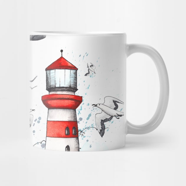 Lighthouse Seagull Waves Nautical Pattern by jodotodesign